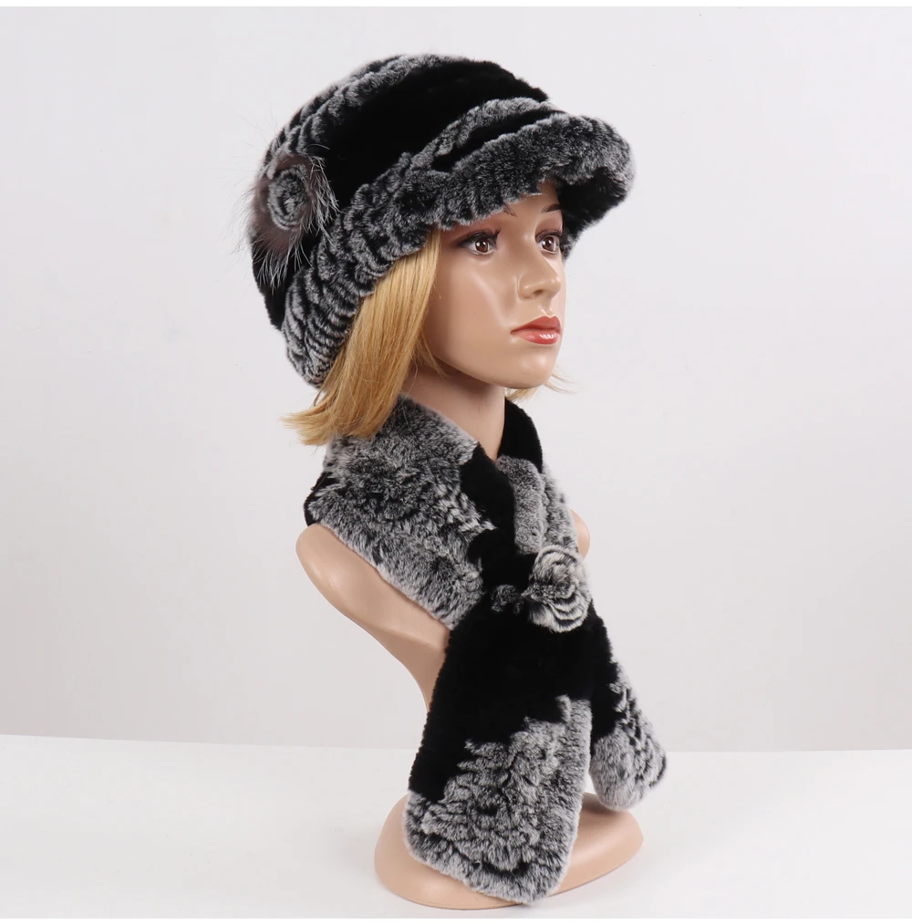 New Women Winter Knit Real Rex Rabbit Fur Hat Scarf Sets Natural Warm Fur Cap Scarves 2 Pieces Girl Quality Real Fur Hat Muffler