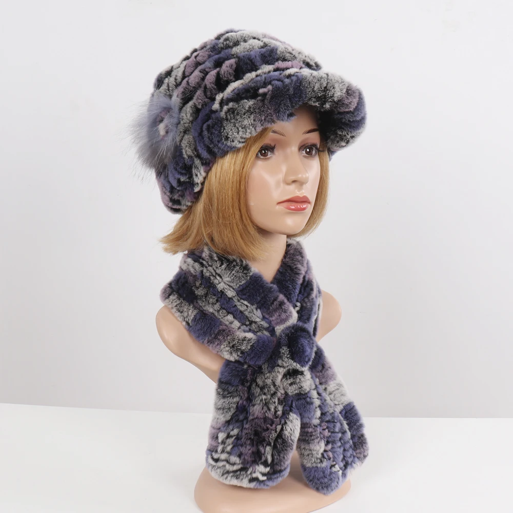 New Women Winter Knit Real Rex Rabbit Fur Hat Scarf Sets Natural Warm Fur Cap Scarves 2 Pieces Girl Quality Real Fur Hat Muffler