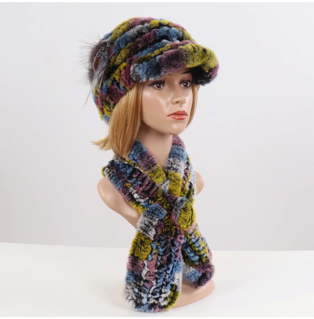New Women Winter Knit Real Rex Rabbit Fur Hat Scarf Sets Natural Warm Fur Cap Scarves 2 Pieces Girl Quality Real Fur Hat Muffler