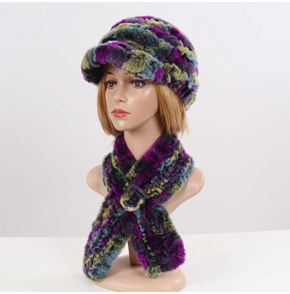 New Women Winter Knit Real Rex Rabbit Fur Hat Scarf Sets Natural Warm Fur Cap Scarves 2 Pieces Girl Quality Real Fur Hat Muffler