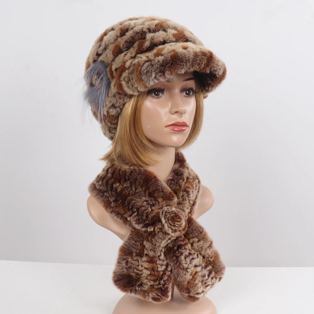 New Women Winter Knit Real Rex Rabbit Fur Hat Scarf Sets Natural Warm Fur Cap Scarves 2 Pieces Girl Quality Real Fur Hat Muffler