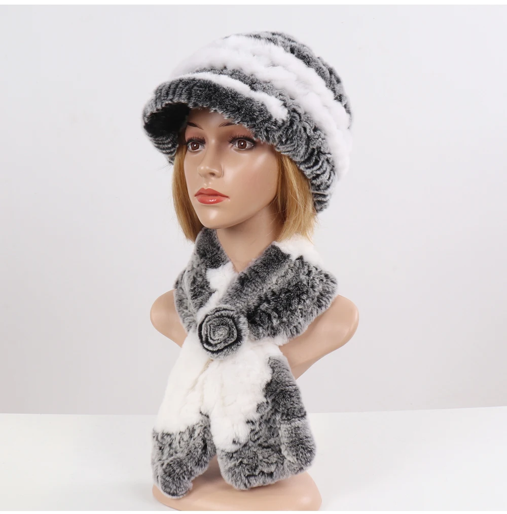 New Women Winter Knit Real Rex Rabbit Fur Hat Scarf Sets Natural Warm Fur Cap Scarves 2 Pieces Girl Quality Real Fur Hat Muffler