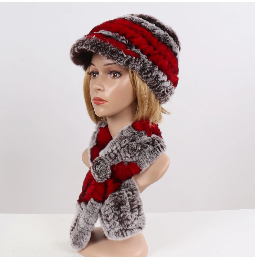 New Women Winter Knit Real Rex Rabbit Fur Hat Scarf Sets Natural Warm Fur Cap Scarves 2 Pieces Girl Quality Real Fur Hat Muffler