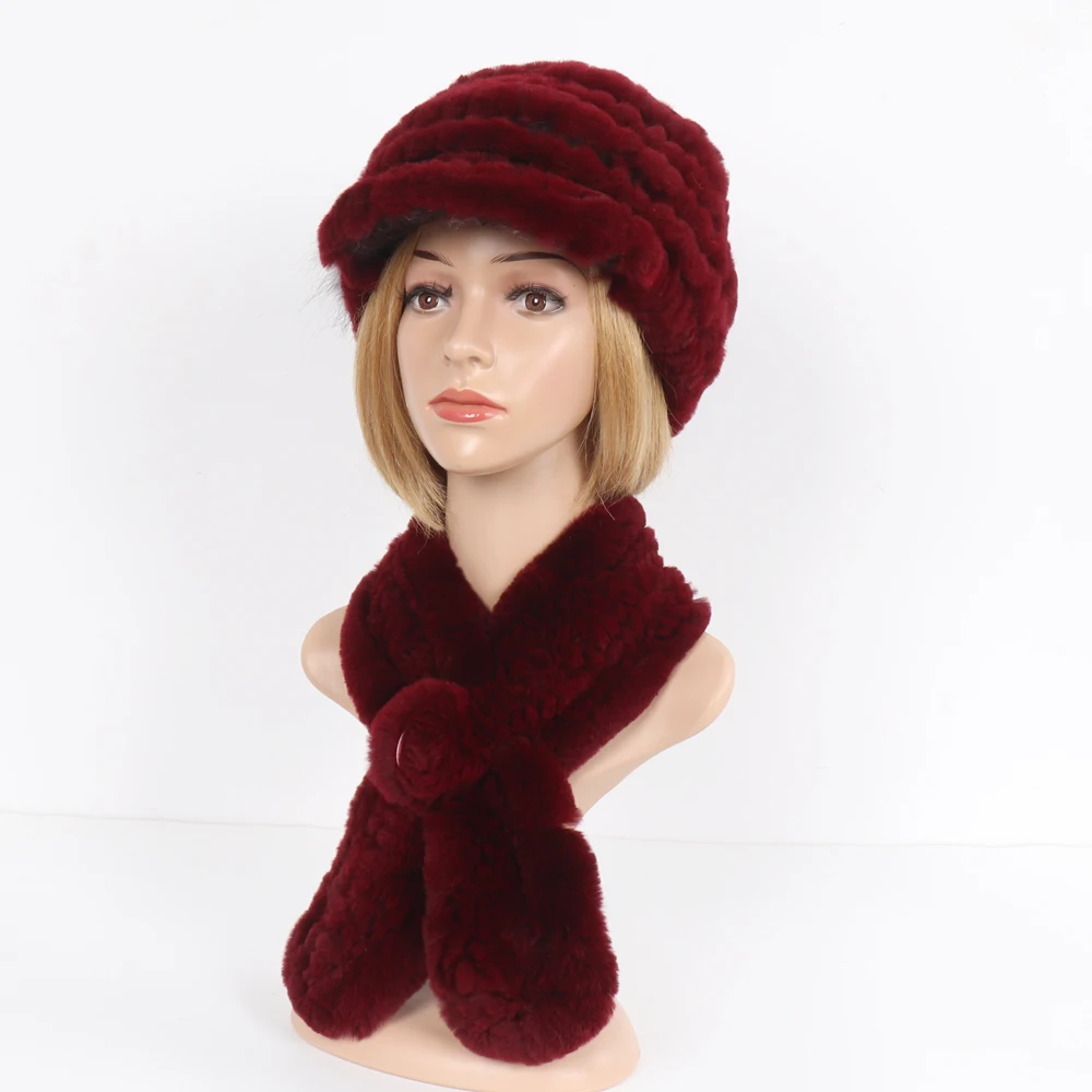New Women Winter Knit Real Rex Rabbit Fur Hat Scarf Sets Natural Warm Fur Cap Scarves 2 Pieces Girl Quality Real Fur Hat Muffler