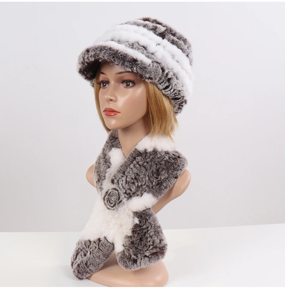 New Women Winter Knit Real Rex Rabbit Fur Hat Scarf Sets Natural Warm Fur Cap Scarves 2 Pieces Girl Quality Real Fur Hat Muffler