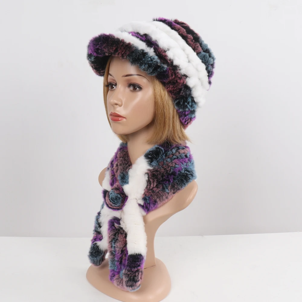 New Women Winter Knit Real Rex Rabbit Fur Hat Scarf Sets Natural Warm Fur Cap Scarves 2 Pieces Girl Quality Real Fur Hat Muffler
