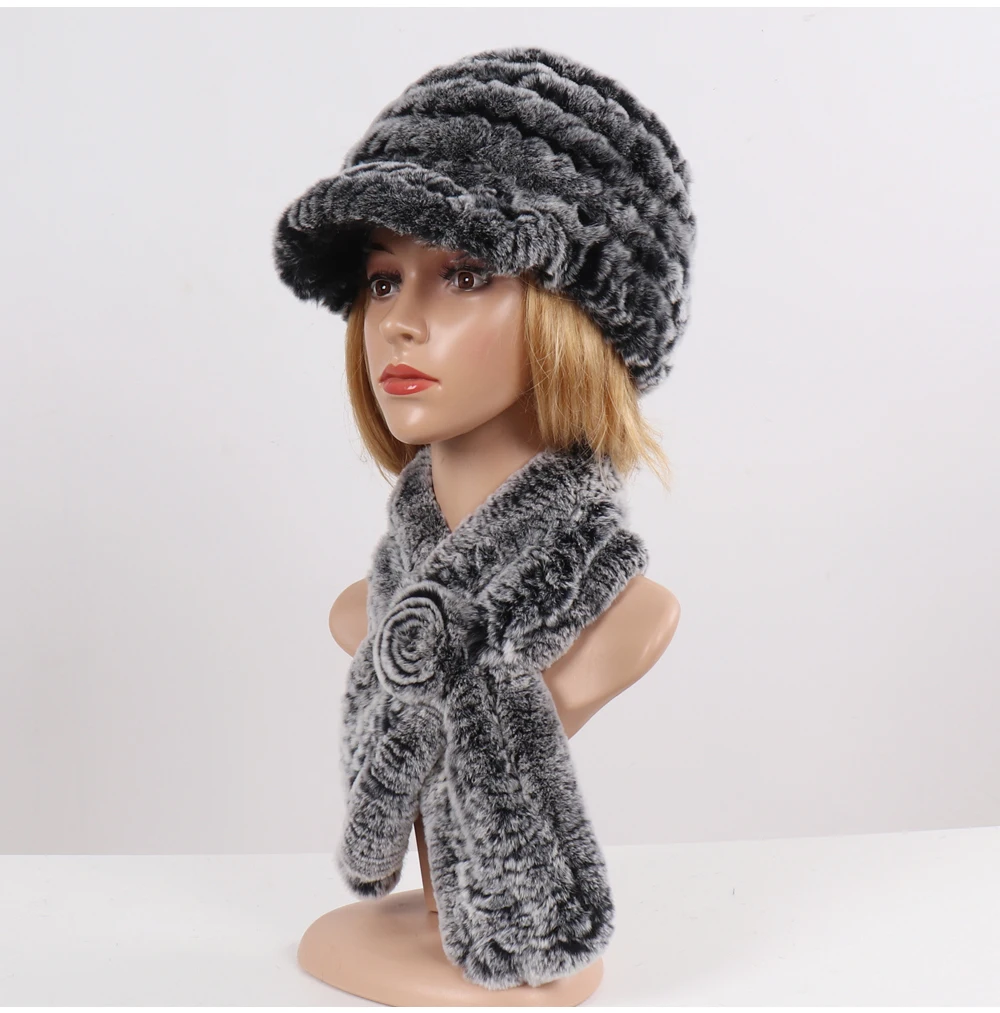 New Women Winter Knit Real Rex Rabbit Fur Hat Scarf Sets Natural Warm Fur Cap Scarves 2 Pieces Girl Quality Real Fur Hat Muffler