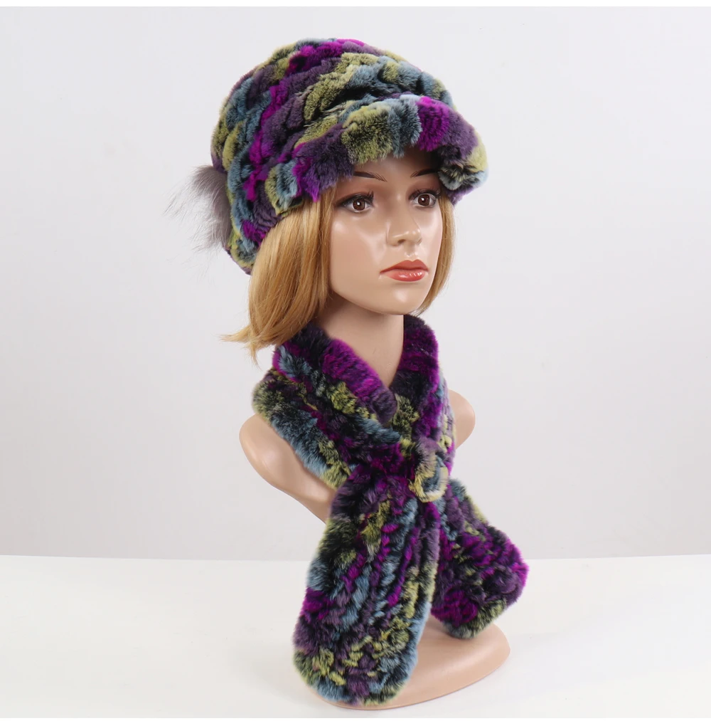 New Women Winter Knit Real Rex Rabbit Fur Hat Scarf Sets Natural Warm Fur Cap Scarves 2 Pieces Girl Quality Real Fur Hat Muffler