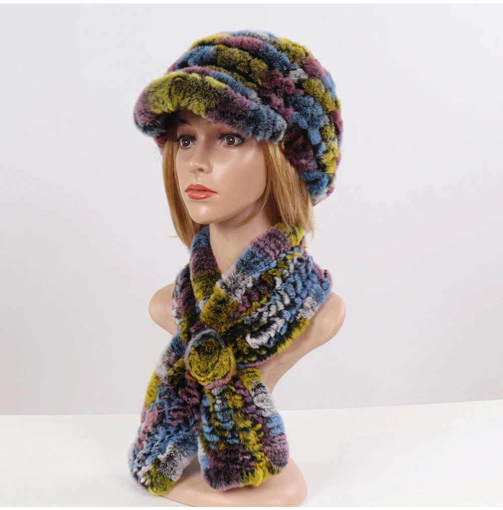 New Women Winter Knit Real Rex Rabbit Fur Hat Scarf Sets Natural Warm Fur Cap Scarves 2 Pieces Girl Quality Real Fur Hat Muffler