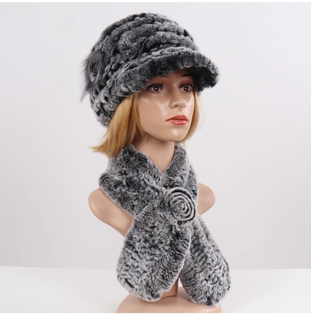 New Women Winter Knit Real Rex Rabbit Fur Hat Scarf Sets Natural Warm Fur Cap Scarves 2 Pieces Girl Quality Real Fur Hat Muffler