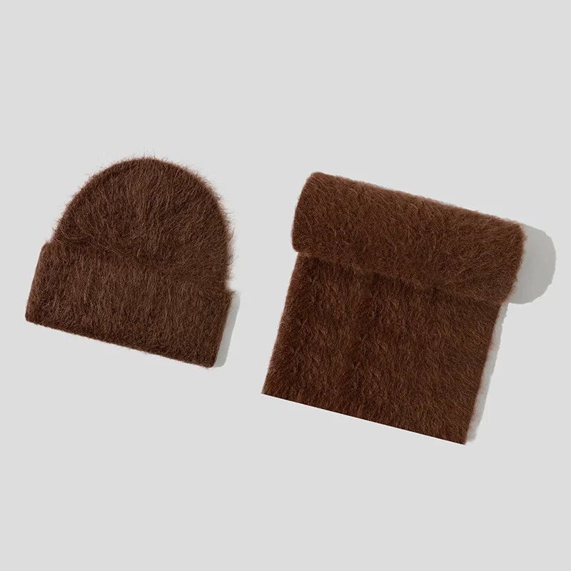 Fluffy Alpaca Wool Beanies Scarf Set Women Warm Knitted Hat Two Piece Winter