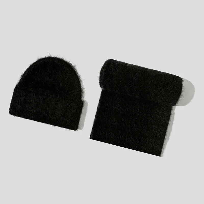 Fluffy Alpaca Wool Beanies Scarf Set Women Warm Knitted Hat Two Piece Winter