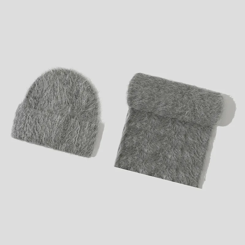Fluffy Alpaca Wool Beanies Scarf Set Women Warm Knitted Hat Two Piece Winter