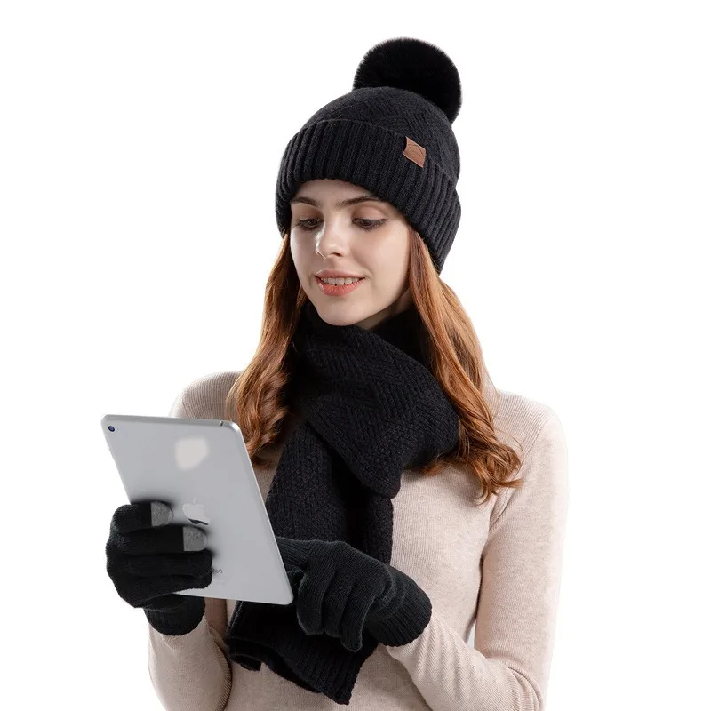 Winter Korean Style Fashion Knitted Wool Hat for Women Warm Hat Scarf and Gloves Three-Piece Set with Ear Protection Beanie
