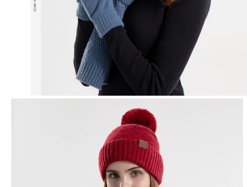Winter Korean Style Fashion Knitted Wool Hat for Women Warm Hat Scarf and Gloves Three-Piece Set with Ear Protection Beanie