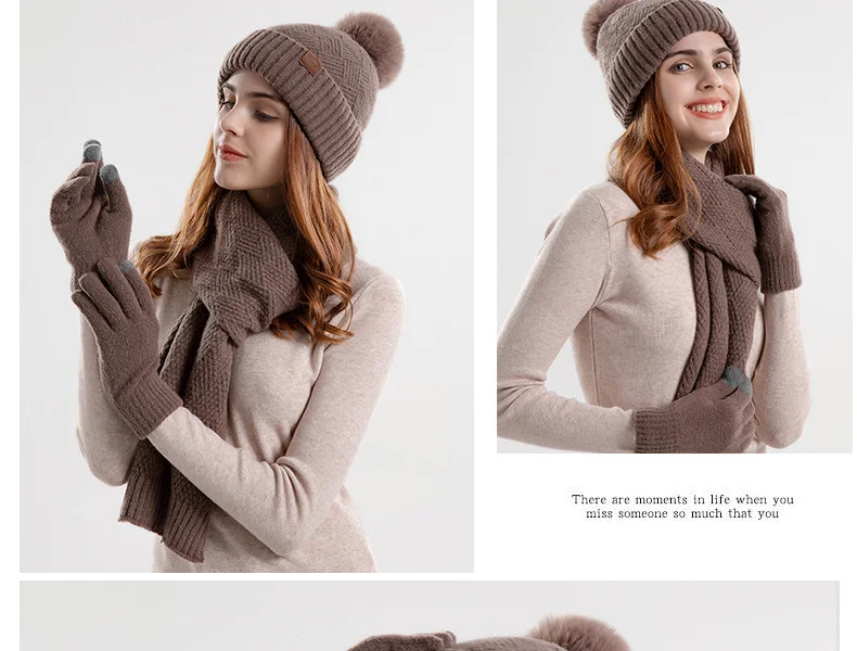 Winter Korean Style Fashion Knitted Wool Hat for Women Warm Hat Scarf and Gloves Three-Piece Set with Ear Protection Beanie