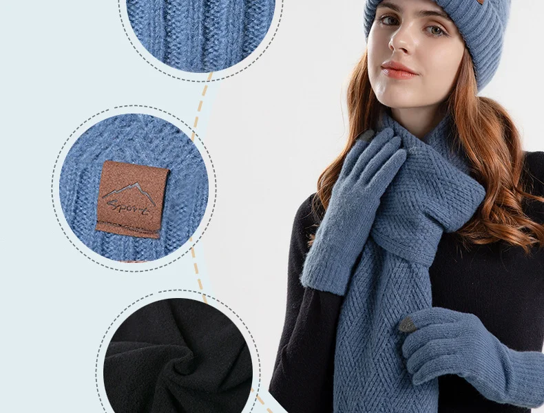 Winter Korean Style Fashion Knitted Wool Hat for Women Warm Hat Scarf and Gloves Three-Piece Set with Ear Protection Beanie