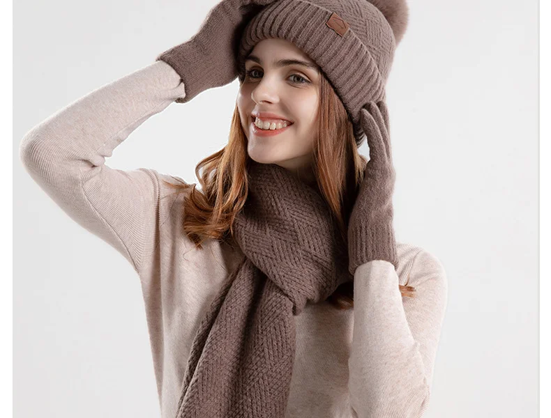 Winter Korean Style Fashion Knitted Wool Hat for Women Warm Hat Scarf and Gloves Three-Piece Set with Ear Protection Beanie