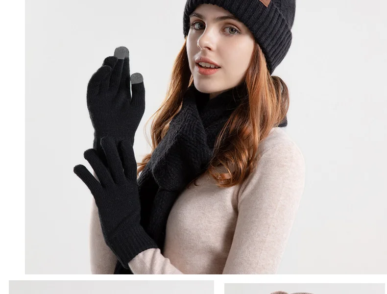 Winter Korean Style Fashion Knitted Wool Hat for Women Warm Hat Scarf and Gloves Three-Piece Set with Ear Protection Beanie