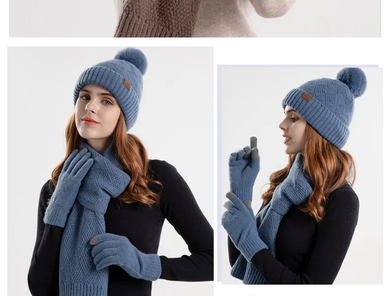 Winter Korean Style Fashion Knitted Wool Hat for Women Warm Hat Scarf and Gloves Three-Piece Set with Ear Protection Beanie