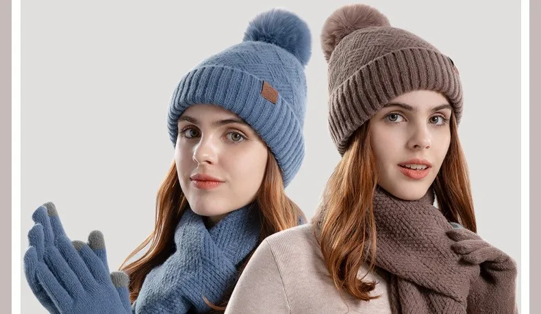 Winter Korean Style Fashion Knitted Wool Hat for Women Warm Hat Scarf and Gloves Three-Piece Set with Ear Protection Beanie
