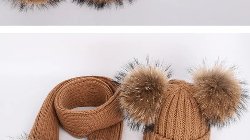 New 2026 Winter Children's Double Hair Ball Woolen Hat Scarf Set Boys Girls Thickened Raccoon Ball Knitted Ear Cap Two Piece Set