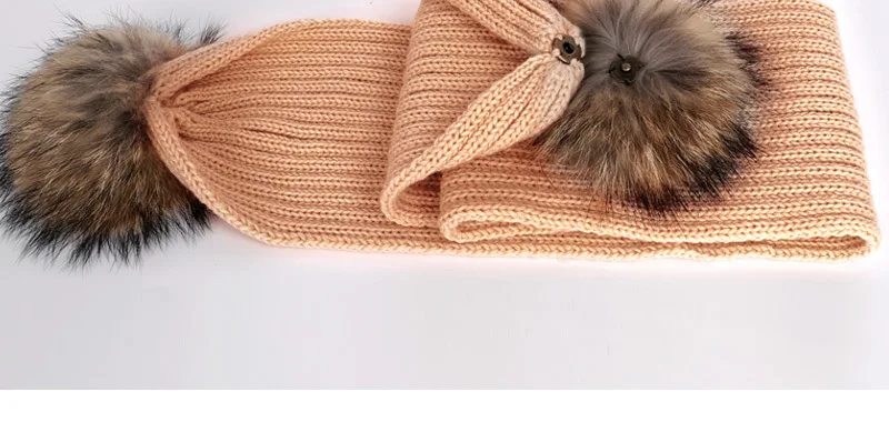 New 2026 Winter Children's Double Hair Ball Woolen Hat Scarf Set Boys Girls Thickened Raccoon Ball Knitted Ear Cap Two Piece Set
