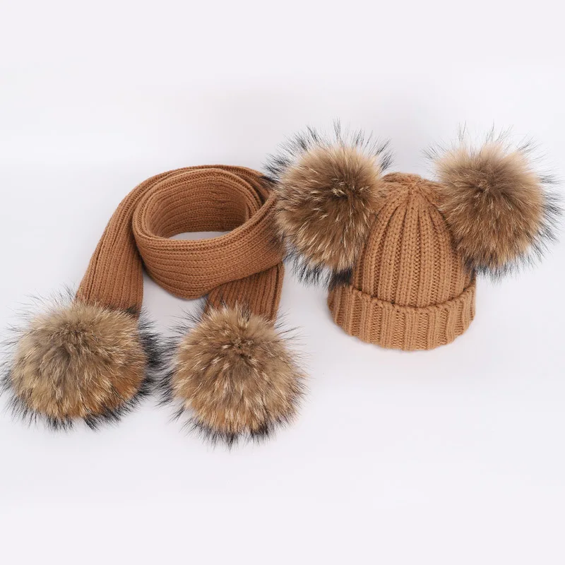 New 2026 Winter Children's Double Hair Ball Woolen Hat Scarf Set Boys Girls Thickened Raccoon Ball Knitted Ear Cap Two Piece Set