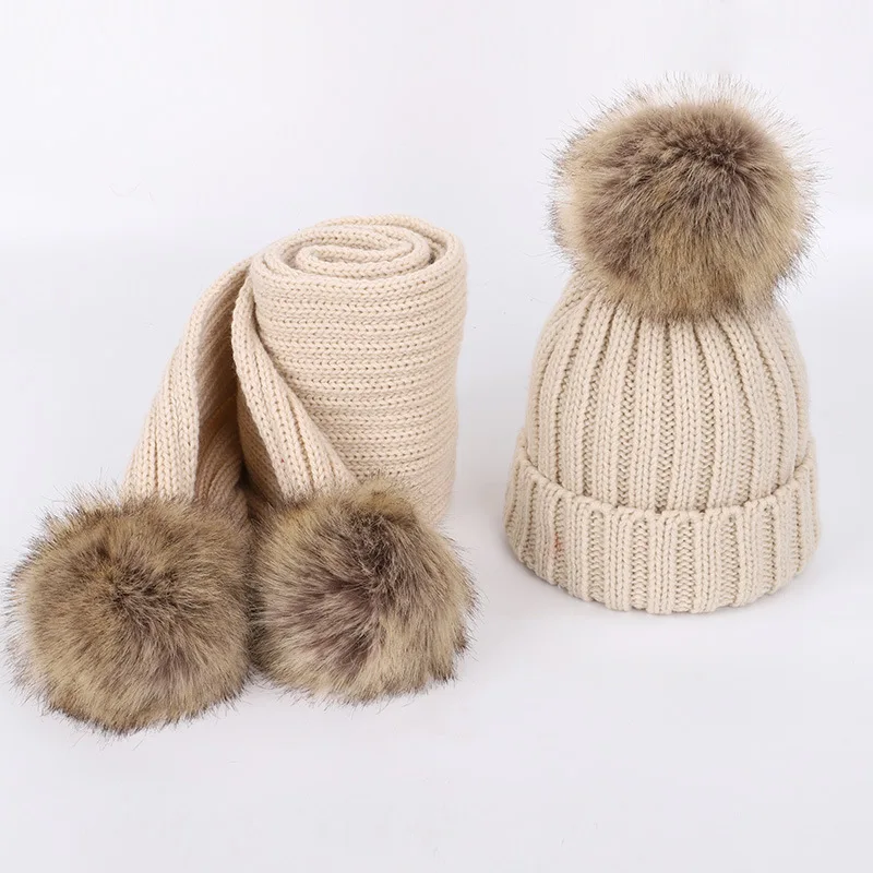 New 2026 Winter Children's Double Hair Ball Woolen Hat Scarf Set Boys Girls Thickened Raccoon Ball Knitted Ear Cap Two Piece Set