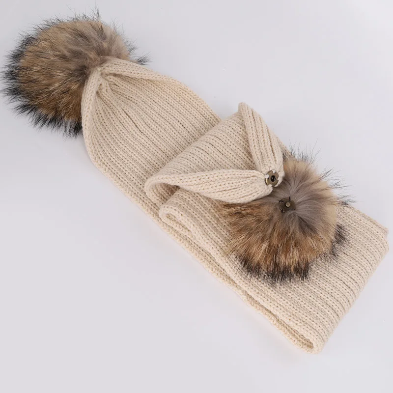 New 2026 Winter Children's Double Hair Ball Woolen Hat Scarf Set Boys Girls Thickened Raccoon Ball Knitted Ear Cap Two Piece Set