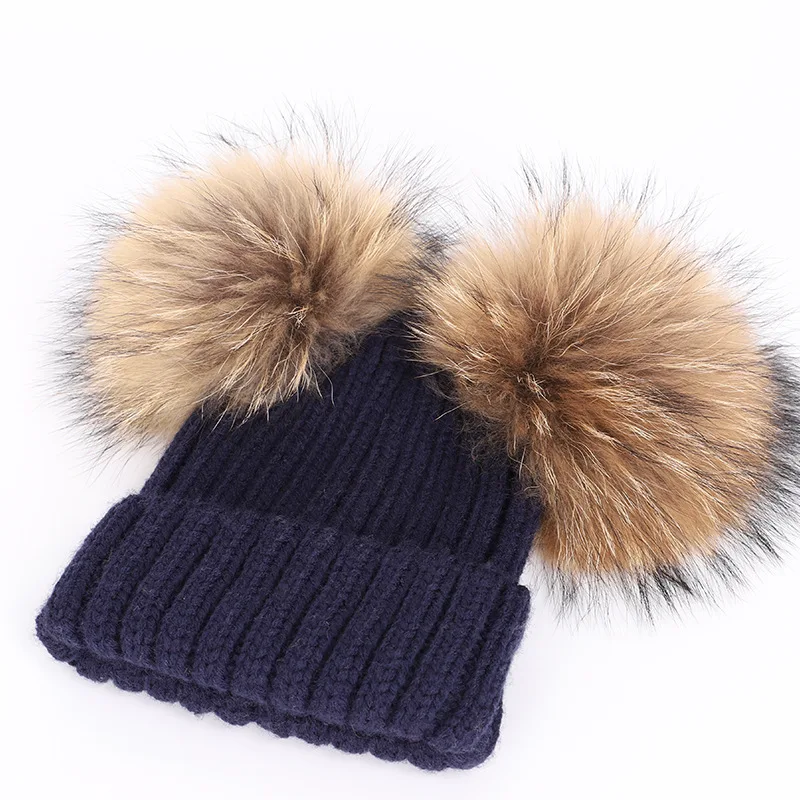 New 2026 Winter Children's Double Hair Ball Woolen Hat Scarf Set Boys Girls Thickened Raccoon Ball Knitted Ear Cap Two Piece Set