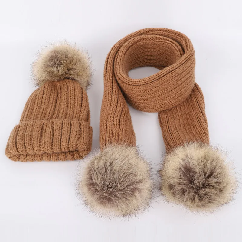New 2026 Winter Children's Double Hair Ball Woolen Hat Scarf Set Boys Girls Thickened Raccoon Ball Knitted Ear Cap Two Piece Set