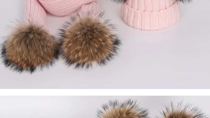 New 2026 Winter Children's Double Hair Ball Woolen Hat Scarf Set Boys Girls Thickened Raccoon Ball Knitted Ear Cap Two Piece Set