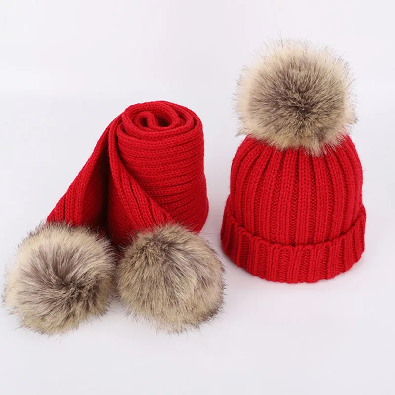 New 2026 Winter Children's Double Hair Ball Woolen Hat Scarf Set Boys Girls Thickened Raccoon Ball Knitted Ear Cap Two Piece Set