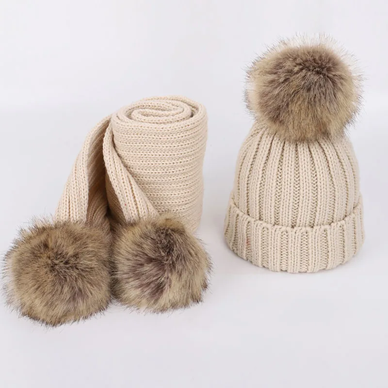 New 2026 Winter Children's Double Hair Ball Woolen Hat Scarf Set Boys Girls Thickened Raccoon Ball Knitted Ear Cap Two Piece Set