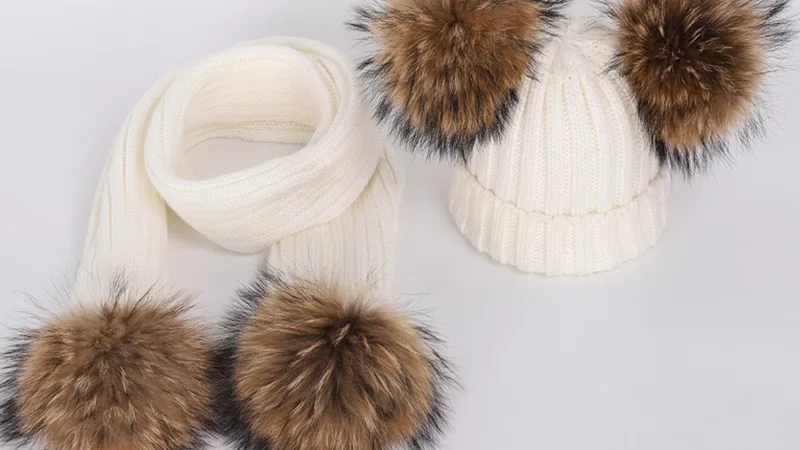 New 2026 Winter Children's Double Hair Ball Woolen Hat Scarf Set Boys Girls Thickened Raccoon Ball Knitted Ear Cap Two Piece Set