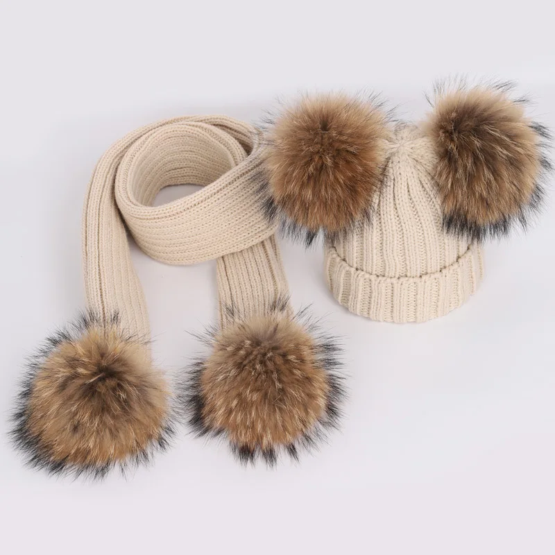 New 2026 Winter Children's Double Hair Ball Woolen Hat Scarf Set Boys Girls Thickened Raccoon Ball Knitted Ear Cap Two Piece Set