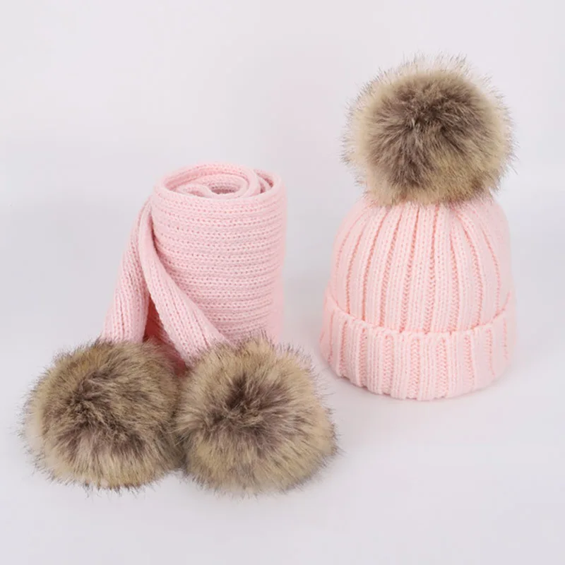 New 2026 Winter Children's Double Hair Ball Woolen Hat Scarf Set Boys Girls Thickened Raccoon Ball Knitted Ear Cap Two Piece Set
