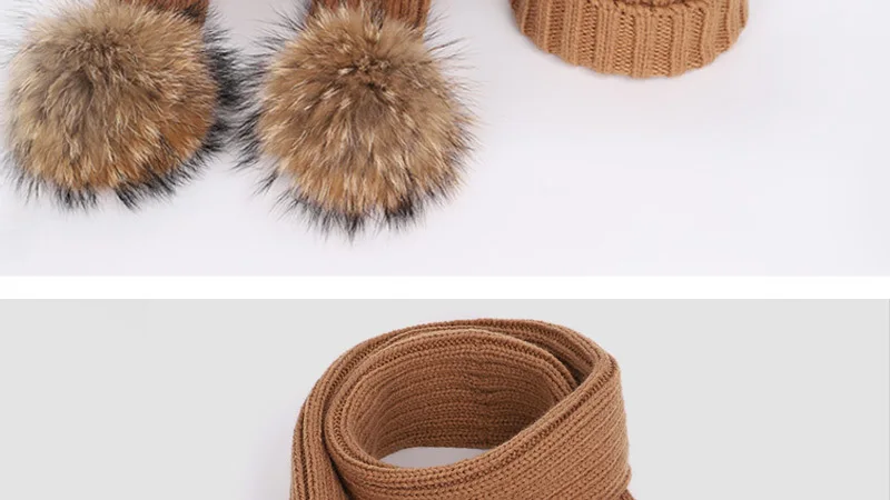 New 2026 Winter Children's Double Hair Ball Woolen Hat Scarf Set Boys Girls Thickened Raccoon Ball Knitted Ear Cap Two Piece Set