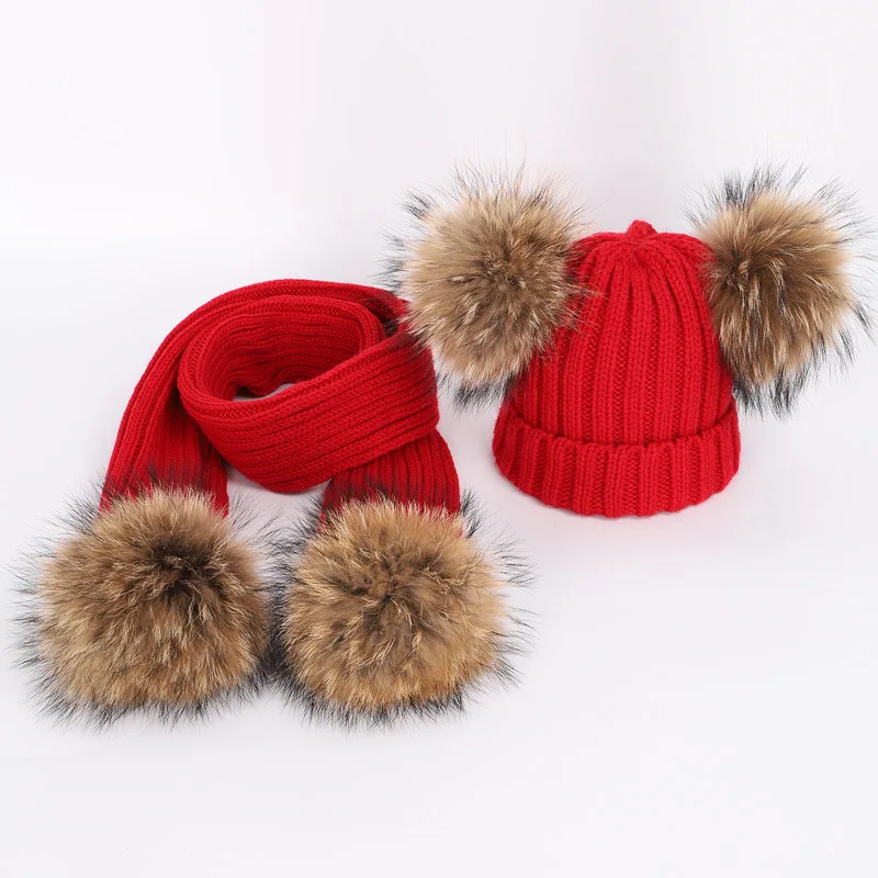 New 2026 Winter Children's Double Hair Ball Woolen Hat Scarf Set Boys Girls Thickened Raccoon Ball Knitted Ear Cap Two Piece Set