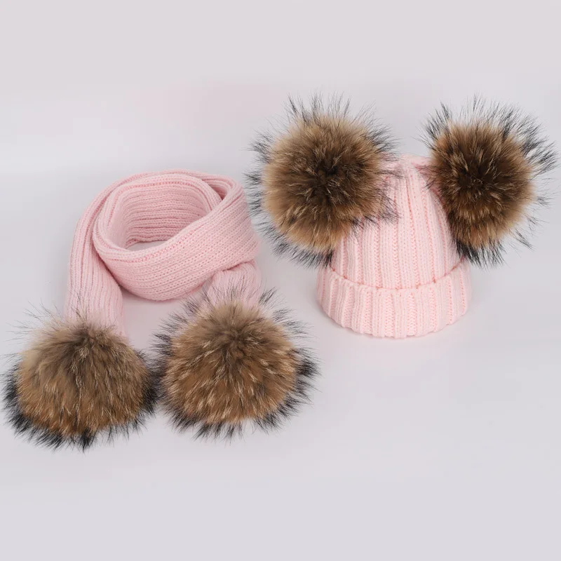 New 2026 Winter Children's Double Hair Ball Woolen Hat Scarf Set Boys Girls Thickened Raccoon Ball Knitted Ear Cap Two Piece Set