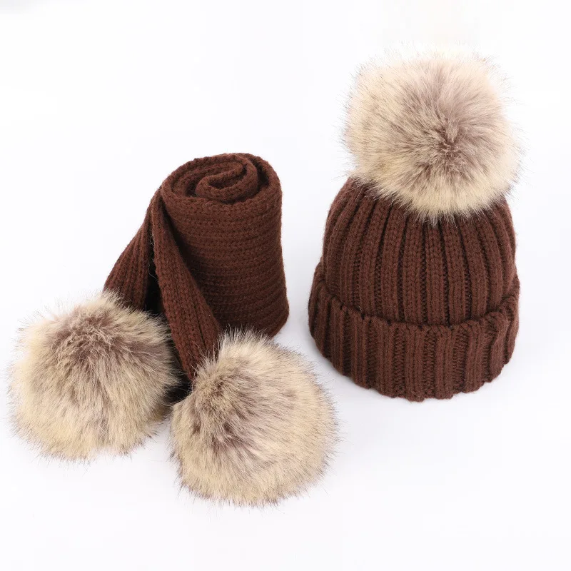 New 2026 Winter Children's Double Hair Ball Woolen Hat Scarf Set Boys Girls Thickened Raccoon Ball Knitted Ear Cap Two Piece Set