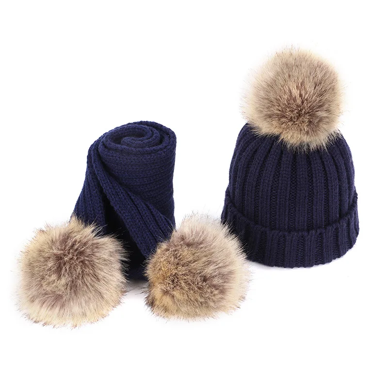 New 2026 Winter Children's Double Hair Ball Woolen Hat Scarf Set Boys Girls Thickened Raccoon Ball Knitted Ear Cap Two Piece Set