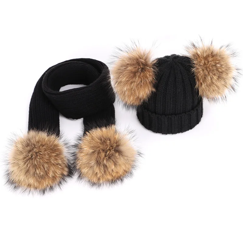 New 2026 Winter Children's Double Hair Ball Woolen Hat Scarf Set Boys Girls Thickened Raccoon Ball Knitted Ear Cap Two Piece Set