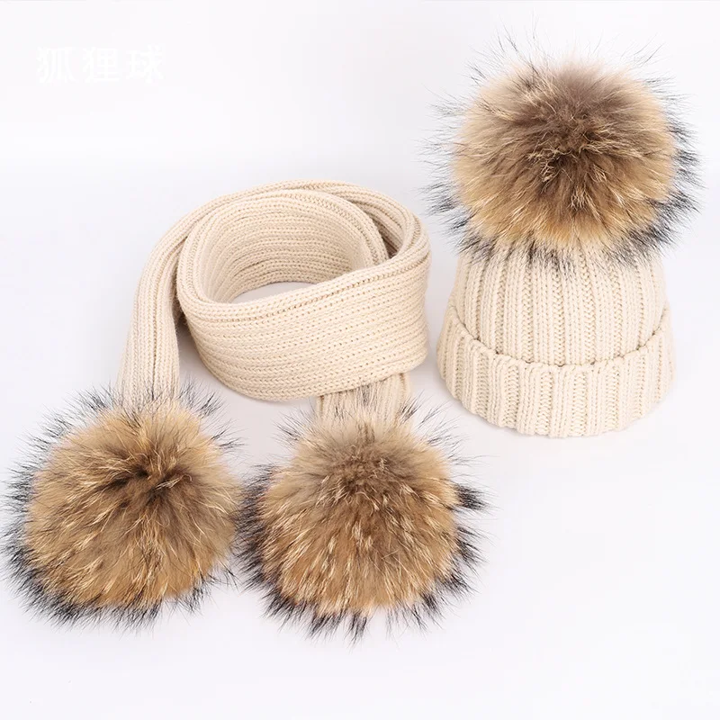 New 2026 Winter Children's Double Hair Ball Woolen Hat Scarf Set Boys Girls Thickened Raccoon Ball Knitted Ear Cap Two Piece Set