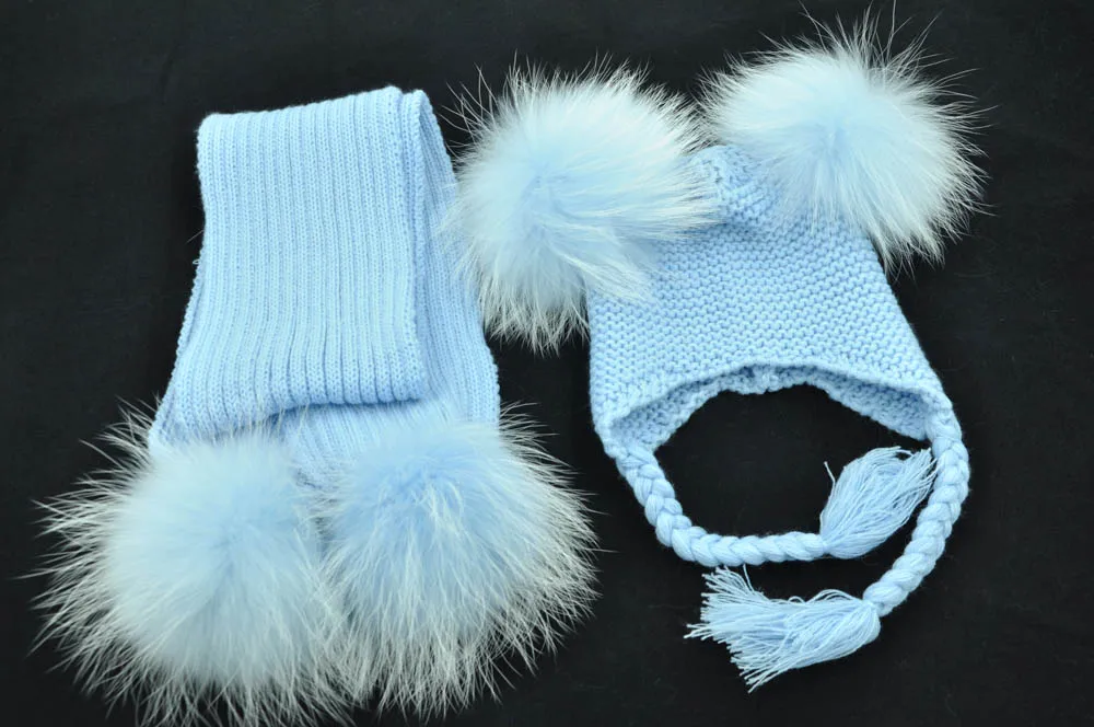 Jaxmonoy Kids Winter Hat and Scarf Set Children's Warm Knit Beanie Real Raccoon Fur Pompom Beanie&Scarf Set for Boys and Girls