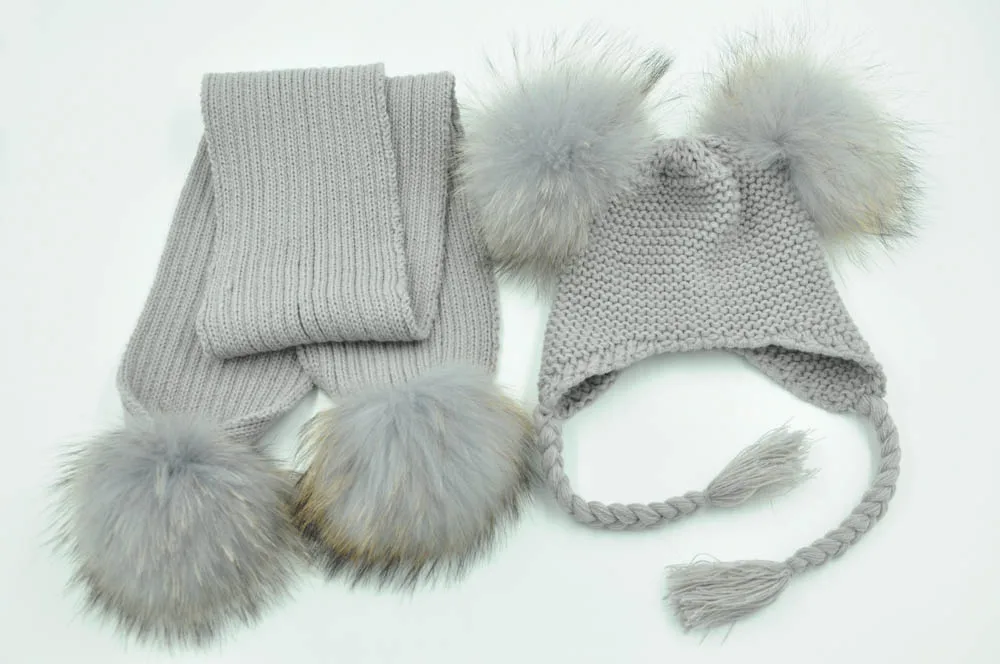 Jaxmonoy Kids Winter Hat and Scarf Set Children's Warm Knit Beanie Real Raccoon Fur Pompom Beanie&Scarf Set for Boys and Girls