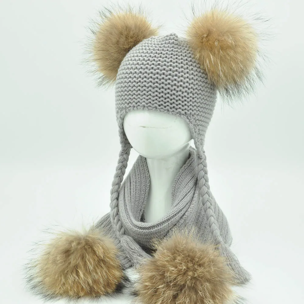 Jaxmonoy Kids Winter Hat and Scarf Set Children's Warm Knit Beanie Real Raccoon Fur Pompom Beanie&Scarf Set for Boys and Girls