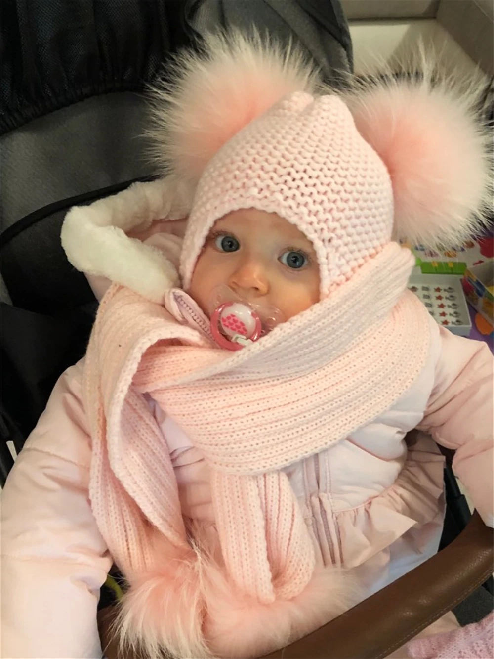Jaxmonoy Kids Winter Hat and Scarf Set Children's Warm Knit Beanie Real Raccoon Fur Pompom Beanie&Scarf Set for Boys and Girls