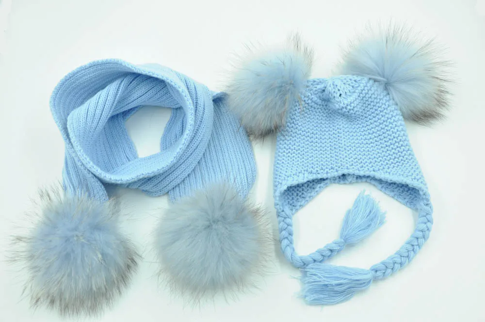 Jaxmonoy Kids Winter Hat and Scarf Set Children's Warm Knit Beanie Real Raccoon Fur Pompom Beanie&Scarf Set for Boys and Girls